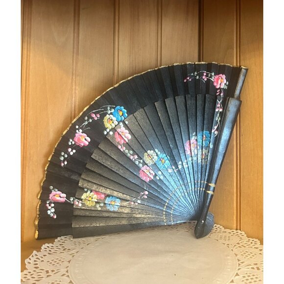 Vintage Black Handheld Wooden Black Folding Fan Hand Painted Floral Pink Roses - Picture 4 of 8